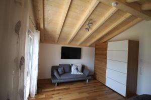 a living room with a couch and a tv at Haus Plattenbichlstraße - Ferienhäuser Alpenglück in Oberstdorf