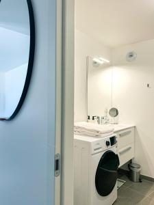 La salle de bains est pourvue d'un lave-linge et d'un miroir. dans l'établissement LE PARADIS BLANC, à Annecy 58 autres photos