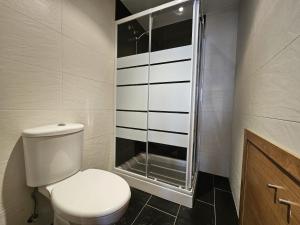uma casa de banho com um WC e uma cabina de duche em vidro. em Magnifico apartamento en Canelas em Portonovo
