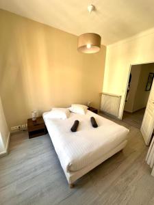 a bedroom with a large white bed with two pillows at 11 Trachel - Charmant T2 spacieux à proximité de gare Thiers in Nice
