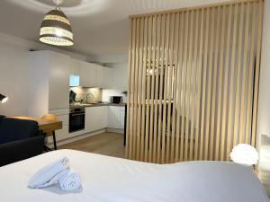 Habitación de hotel con cama y cocina en Appartement place de la république - Lille en Lille