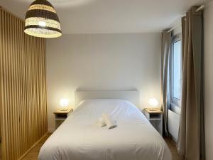 1 dormitorio con 1 cama blanca y 2 mesas con lámparas en Appartement place de la république - Lille en Lille