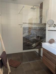 a bathroom with a shower with a glass door at Haus Alpgaustraße - Ferienhäuser Alpenglück in Oberstdorf