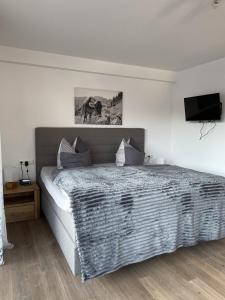 a bedroom with a large bed and a television at Haus Alpgaustraße - Ferienhäuser Alpenglück in Oberstdorf