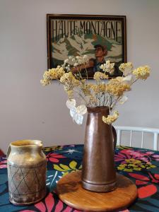 wazon z kwiatami na stole w obiekcie Maison de village au calme axe Annecy - Genève w mieście Villy-le-Pelloux