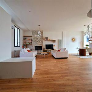 een woonkamer met witte meubels en een open haard bij Villa Andrena in Talence