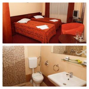Habitación de hotel con aseo y lavabo en Hotel Elyon Dej en Dej