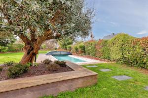 een achtertuin met een boom en een zwembad bij Maison avec piscine pour dix personnes in Saint-Armel