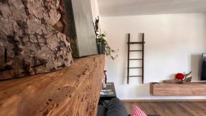 sala de estar con sofá y pared de madera en Schwarzwaldraum Schlossblick, en Hornberg
