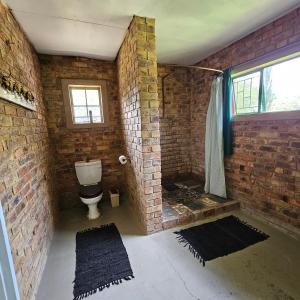 een badkamer met bakstenen muren, een toilet en een douche bij Villa Dachie in Rayton