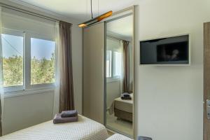 斯沃倫塔的住宿－Semeli Art Villa Kefalonia with Pool，一间带镜子的卧室和墙上的电视