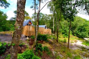 una cabaña de madera en el bosque con árboles en Glenfinnan Retreats, en Glenfinnan