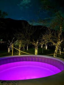 a hot tub with pink lighting in a yard at night at Green Garden Glamping Retezat in Bălan