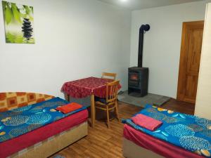 a room with two beds and a table and a stove at Apartmán se dvěma ložnicemi in Zlín