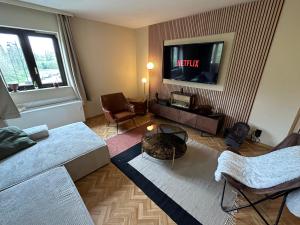 uma sala de estar com um sofá e uma televisão em Chez doudou em Bruxelas
