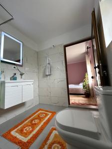 a bathroom with a white toilet and a mirror at Vjosa Guest House in Memaliaj