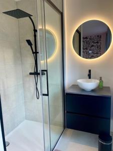 a bathroom with a glass shower and a sink at Gite Pays de Herve - Emeraude in Battice