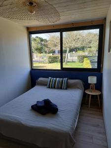 a bed in a room with a large window at chalet la rose des sables in Labenne