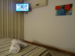 a dog laying on a bed next to a television at Hotel Necof in Rosario
