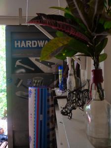 a desk with a potted plant and a shelf with books at Jinja Jungle in Jinja