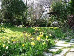 a garden with yellow flowers and a swing at Homer Old Spot in Marytavy