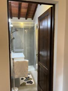 ein Bad mit einer Dusche, einem Waschbecken und einer Tür in der Unterkunft La finestra sulla torre in Castiglion Fiorentino