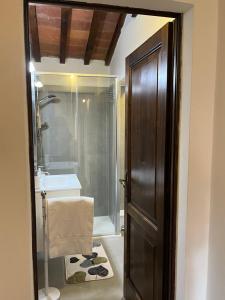 a bathroom with a shower and a sink and a door at La finestra sulla torre in Castiglion Fiorentino +17 photos