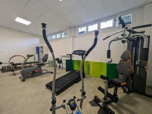 a gym with several tread machines in a room at Paradeisos Residence Sas in Somma Lombardo