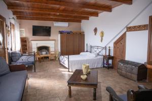 a living room with a bed and a fireplace at Nick and Bill's Family House Leros in Vromolithos