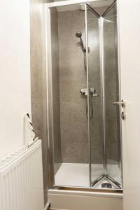 La salle de bains est pourvue d'une douche avec une porte en verre. dans l'établissement Ferienwohnung Neudenau, à Möckmühl