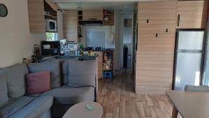 ラットにあるMobil-home (Clim, Tv, Lv)- Camping Lac des Rêves 4* - 009のリビングルーム(グレーのソファ付)、キッチンが備わります。