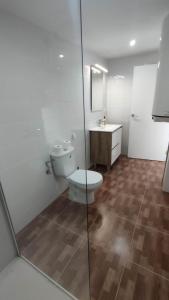 ein Badezimmer mit einem WC, einem Waschbecken und einem Spiegel in der Unterkunft Casa Lizz in Lumpiaque