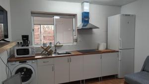 cocina con lavadora, fregadero y nevera en Casa Lizz en Lumpiaque