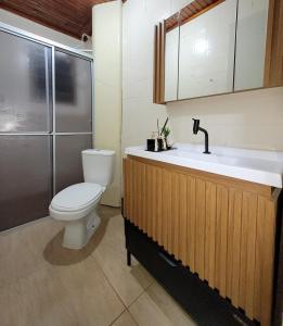 La salle de bains est pourvue de toilettes et d'un lavabo. dans l'établissement Casa completa, à Caçapava do Sul