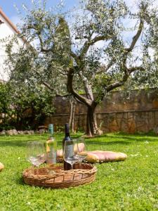 two wine glasses and wine bottles on a basket on the grass at Apartments Loredana in Poreč