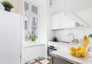 a white kitchen with a basket of fruit on a counter at Malila Premium Apartments City Center Kazimierz Starowiślna 41 in Krakow