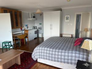 a bedroom with a bed and a kitchen in it at Lakeland Midsummer Lakehouse in Oughterard