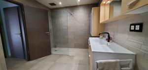 La salle de bains est pourvue d'un lavabo et d'une douche. dans l'établissement Grange du petit bonhomme, à Hésingue
