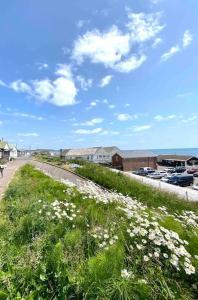 a field of grass with white flowers on the side of a road at Amazing Sea View Chalet. 1 minute from the sea , harbour and Cobb and very nr to fabulous pubs , restaurants and activities. Sleeps 4 with parking in Lyme Regis