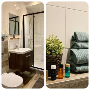 a bathroom with a shower and a sink and a toilet at Nicolette Apartments in Katwijk