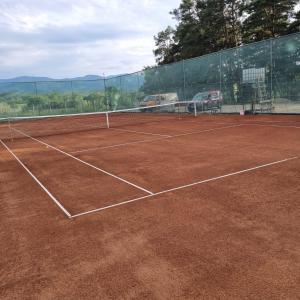 a tennis court with a net on top of it at Pensiune Confort Morosanu in Şinca Veche