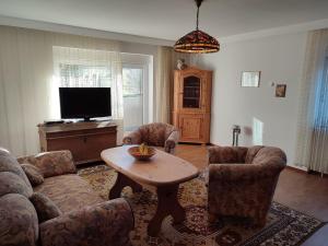 a living room with a couch and a table and a tv at Brenntenwald in Dobel