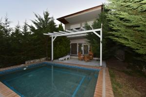 a house with a swimming pool in front of a house at Olympic Kosmas Villas in Hanioti
