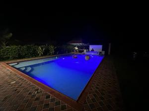 a large blue swimming pool at night at Finca El Duero in Guamal +26 photos