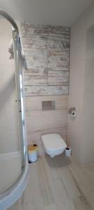ein Badezimmer mit einem weißen WC und einer Dusche in der Unterkunft Prosta Butelkowa in Toruń