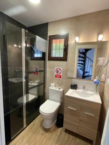 a bathroom with a toilet and a shower and a sink at Casas ROBRA in El Palmar