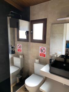 a bathroom with a toilet and a sink and a mirror at Casas ROBRA in El Palmar