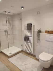 een badkamer met een douche en een toilet bij Moarhof Ferienwohnung2 in Dietramszell
