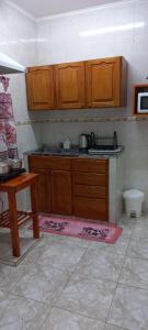 a kitchen with wooden cabinets and a pink rug at Departamentos El Trébol in Paso de los Libres