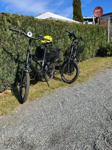 two bikes are parked next to a hedge at Mobilheim ECO in Borgdorf-Seedorf